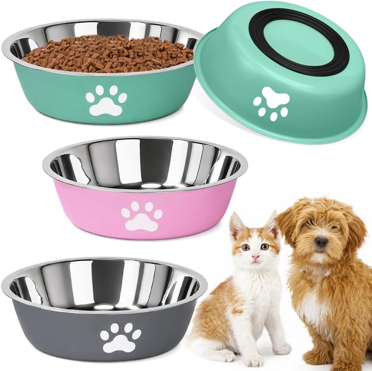 KZQ Set van 3 Roestvrijstalen Voerbakken met Antislip Onderkant - Geschikt voor Honden en Katten, Makkelijk Schoon te Maken