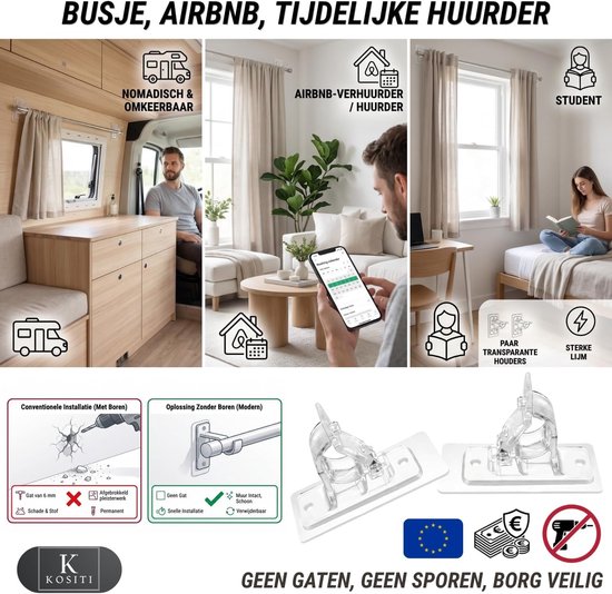 Gordijnroede houder - Transparant - Roede Ø1,3-3 cm - Zelfklevend - Voor Woonkamer en Keuken — afbeelding 4
