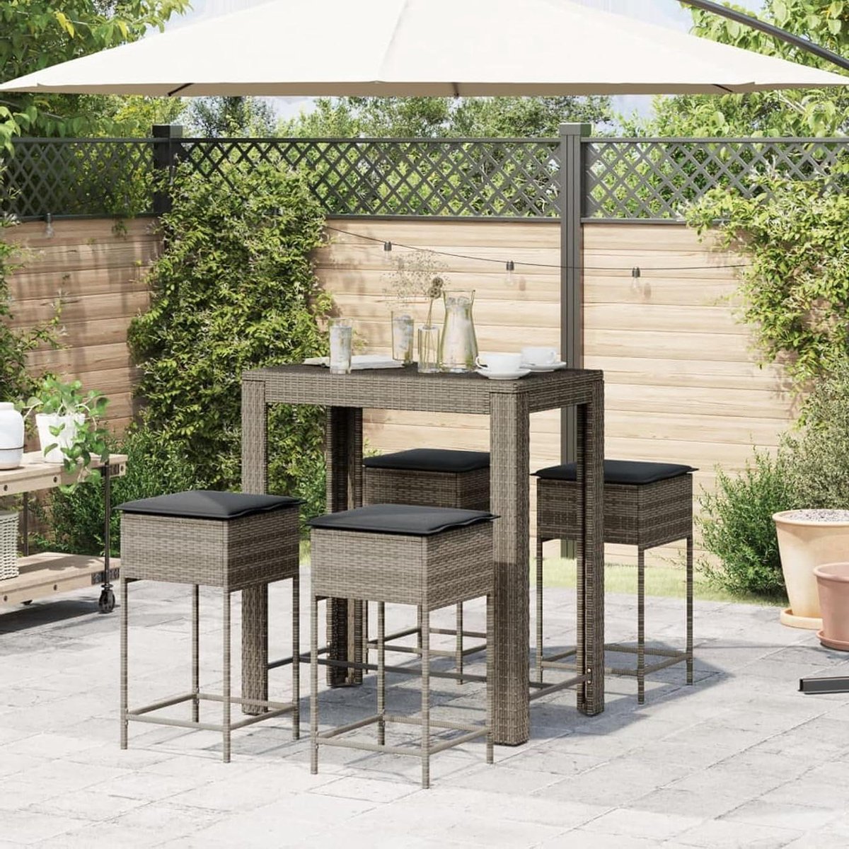 Tuinbarset 5-delig - Buitenmeubelset - Buiten Ontspannen - Weerbestendig polyrotan - 100 cm tafel - Grijs