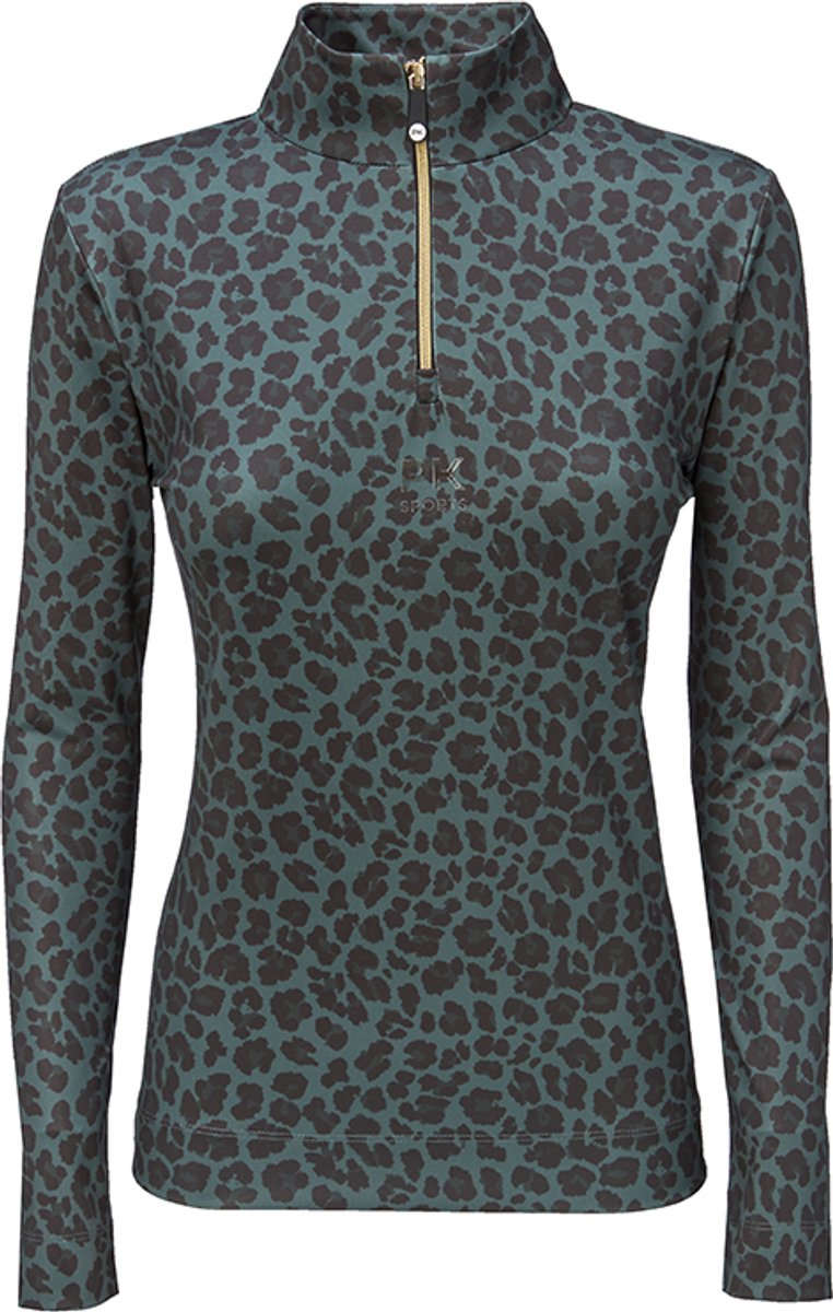 PK International - Vixer - Shirt - Technisch trainingsshirt - sneldrogend - ademend - Panterprint - Hoge kraag - Gouden Ritsje - All Over Sea Moss - Groen/Blauw/Zwart - 158