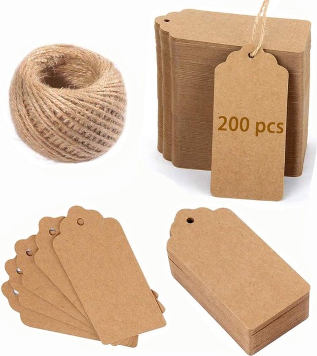 Bruine kraft cadeaulabels｜200 stuks DIY berichtkaart labels inclusief 22m henneptouw, voor cadeaus en feestdecoratie, 9×4,5 cm