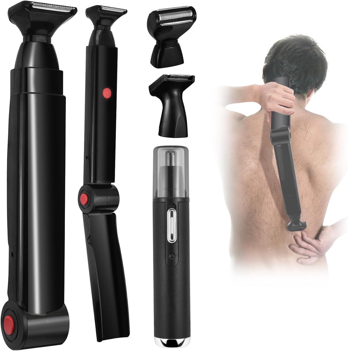Rughaartrimmer voor Mannen, Elektrisch Scheerapparaat met Lange Verstelbare Handgreep, Geschikt voor Zelfstandig Scheren van Rughaar, met Neushaartrimmer en 2 Flexibele Scherhoofden, Zwart