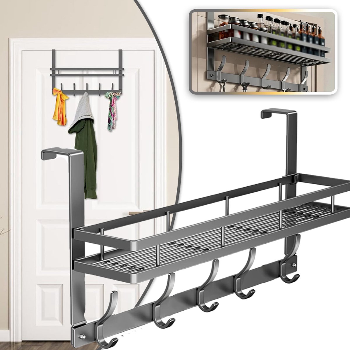 Ophangrek Met 5 Haken Voor Aan De Deur - Stevig Metaal Boren Niet Nodig Gewatteerde Achterkant Afgeronde Hoeken - Ruimtebesparende Hangende Organizer Voor Hoeden Tassen Handdoeken En Accessoires - Zwart