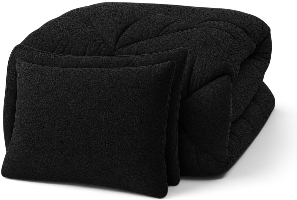 Bed Care - Lazy Dekbed- Dekbed Zonder Overtrek - Embossed Floral - 240x220 - Zwart - Inclusief Kussenslopen 60x70 cm