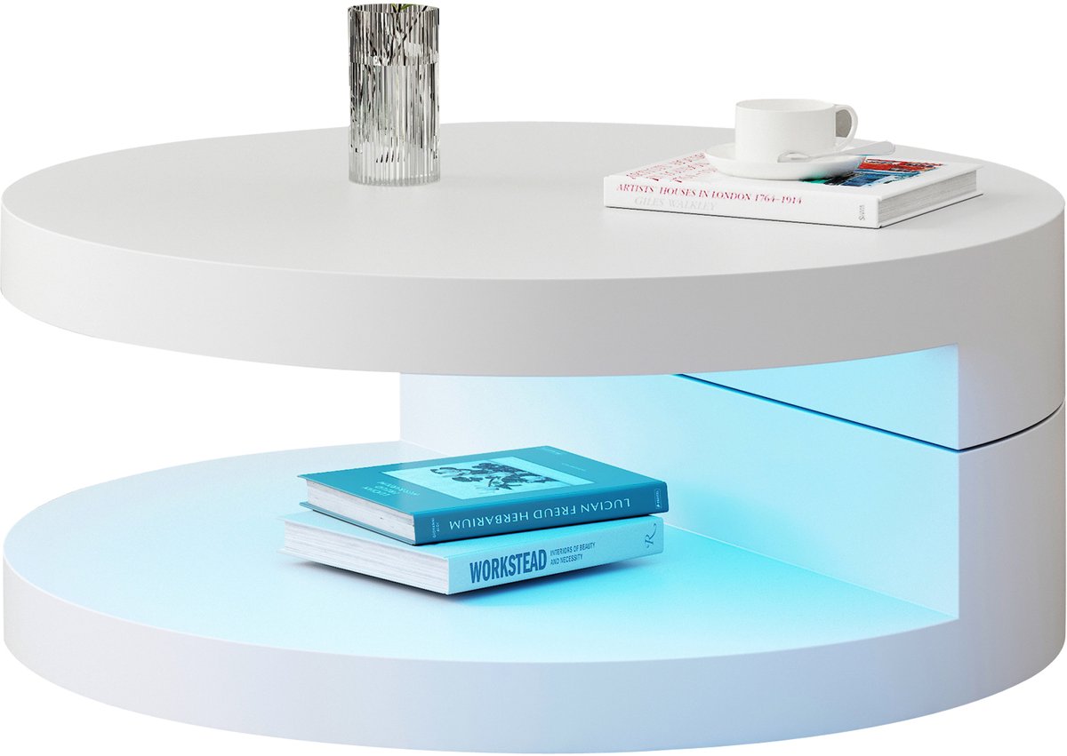 Ropilly Salontafel Wit - Ronde Woonkamertafel - 360 Graden Draaibaar - Met LED Verlichting - 2 Lagen Opbergruimte - Voor Woonkamer - 70x70x35,5cm - Wit