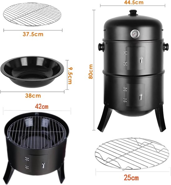 VIEMAE Barbecue - Houtskools barbecue - Barbecue houtskool - Houtskoolgrill - 3-in-1 - Met roker vat & thermometer - RVS - Zwart — afbeelding 2