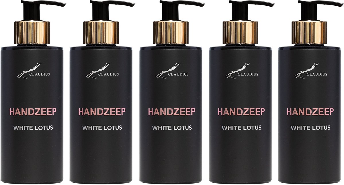 Handzeep White Lotus 300 ml - met gouden pomp - zwarte fles - set van 5 stuks - Voordeelverpakking
