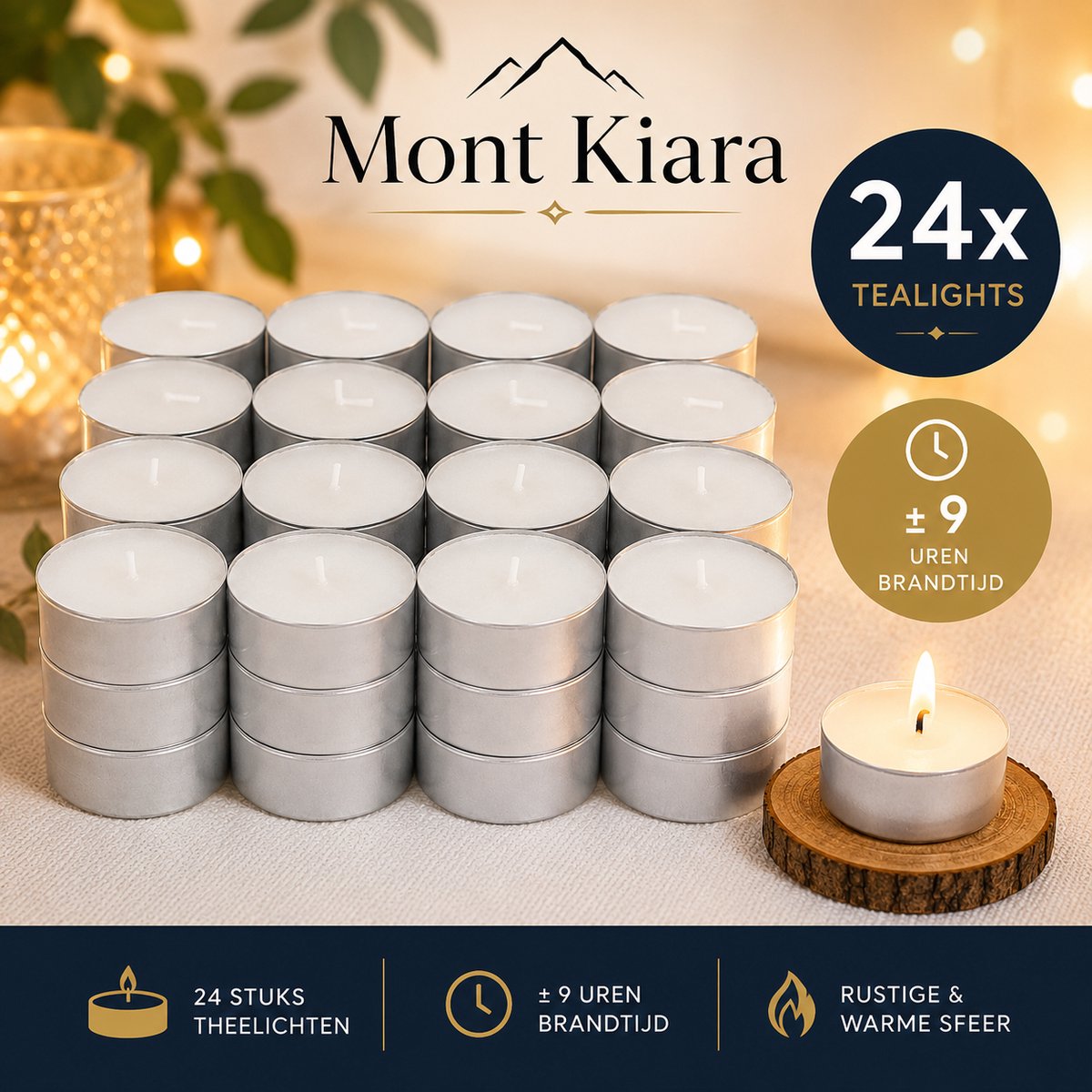 Mont Kiara Theelichtjes – 24 Stuks – Ca. 9 Uur Brandtijd – Lange Brandduur – Waxinelichtjes – Sfeerkaarsen voor Huis, Feest & Decoratie