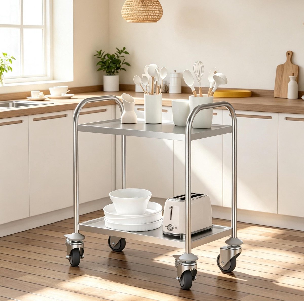 MIVRAY Dienblad – 2 Etages Met 4 Zwenkwielen En Rem – 80 X 45 X 82 Cm – Roestvrij Staal – Grijs – Voor Keuken En Serveergebruik