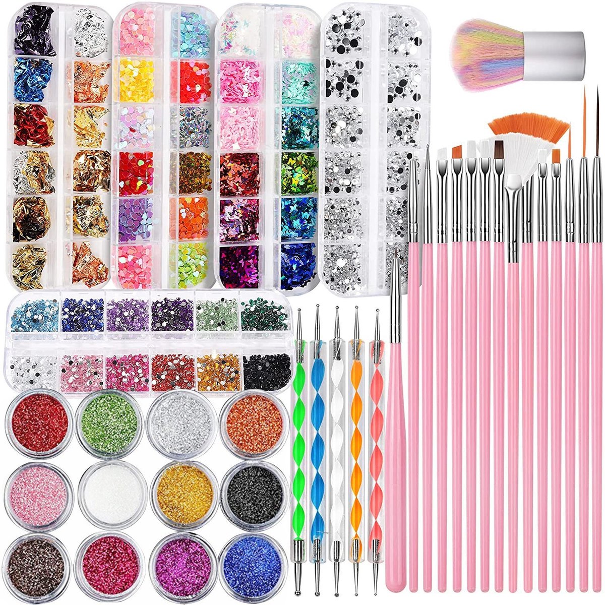 Intebiki nail art kit - strass steentjes - nagel art set met nail art penselen, dotting pens & versieringen - rhinestones - geen nagellak - 27-delig