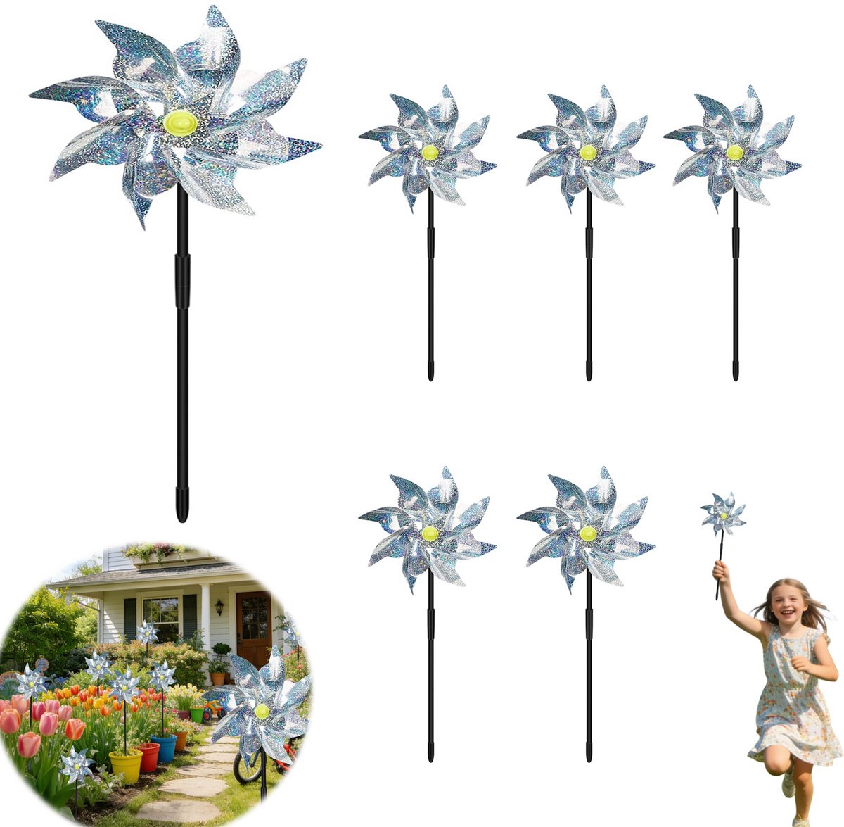 6 stuks - windmolentjes - reflecterende windmolen - vogelafschrikker windmolen - tuinwindmolentje - Zilver - 24 cm x 52 cm - Geschikt voor terrassen en tuinen om vogels te verjagen - Tuindecoratie - Montage vereist