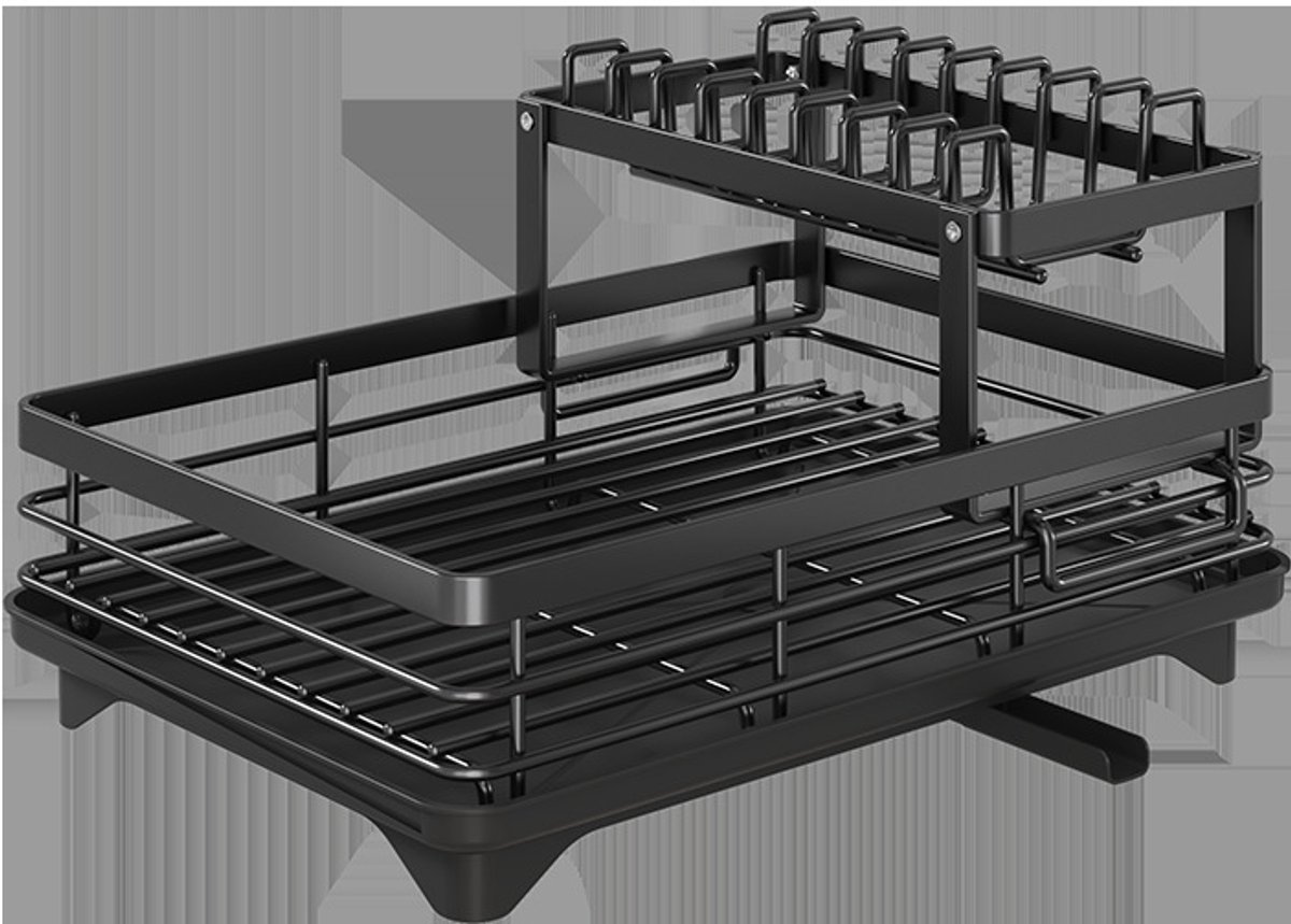 Intebiki afdruiprek met lekbak en bestekhouder - 2 laags- vaatwasrek - keukenrek -Multifunctioneel RVS Afdruiprek Met afvoer- zwart