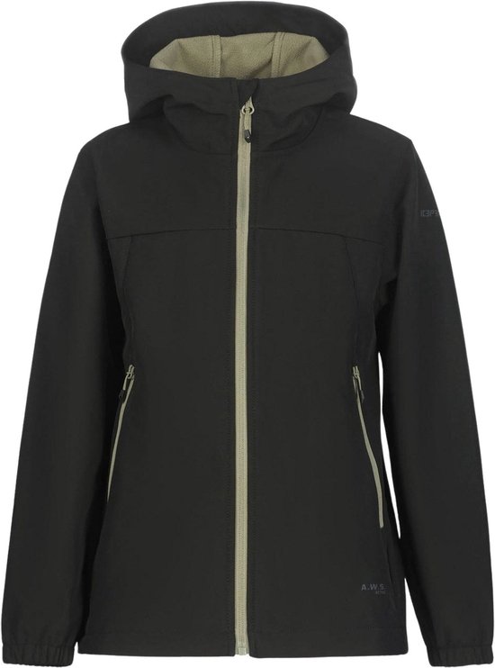 Zwarte softshell jas met capuchon, ritssluiting en beige accenten.