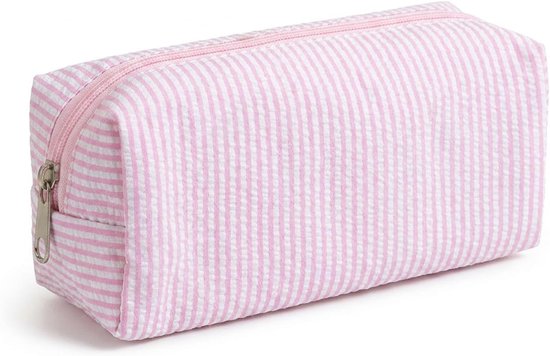 Roze gestreepte pennendoos met rits, op een witte achtergrond.