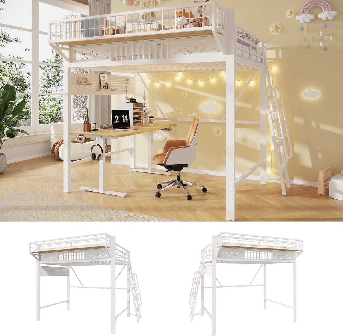 Kinderbed, Hoogbed, 140 x 200 cm, metalen bedframe, opbergkasten, open onderste verdieping, zonder matras, wit