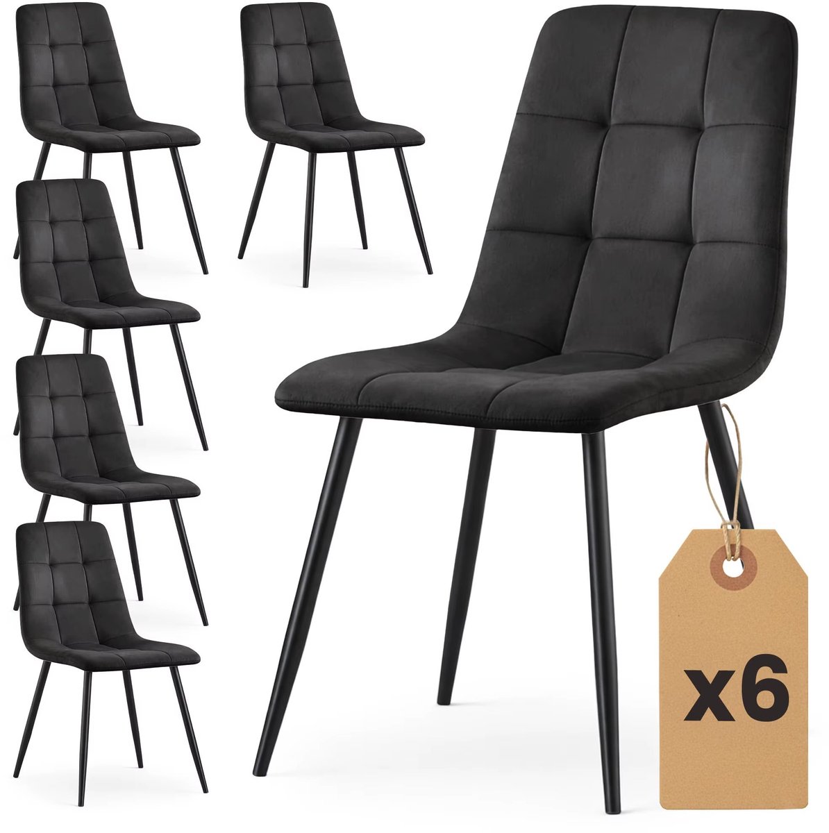 Set van 6 Velours Eetkamerstoelen – Gestoffeerde Stoelen met Gewatteerde Zitting – Moderne Eetkamerstoelen met Zwarte Poten – Comfortabele Stoelenset voor Eetkamer & Woonkamer - Zwart