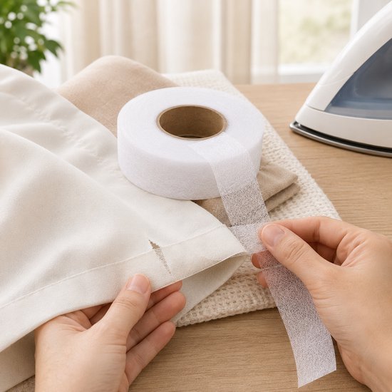 Witte instrijkbare zoomband rol naast beige gordijnstof.