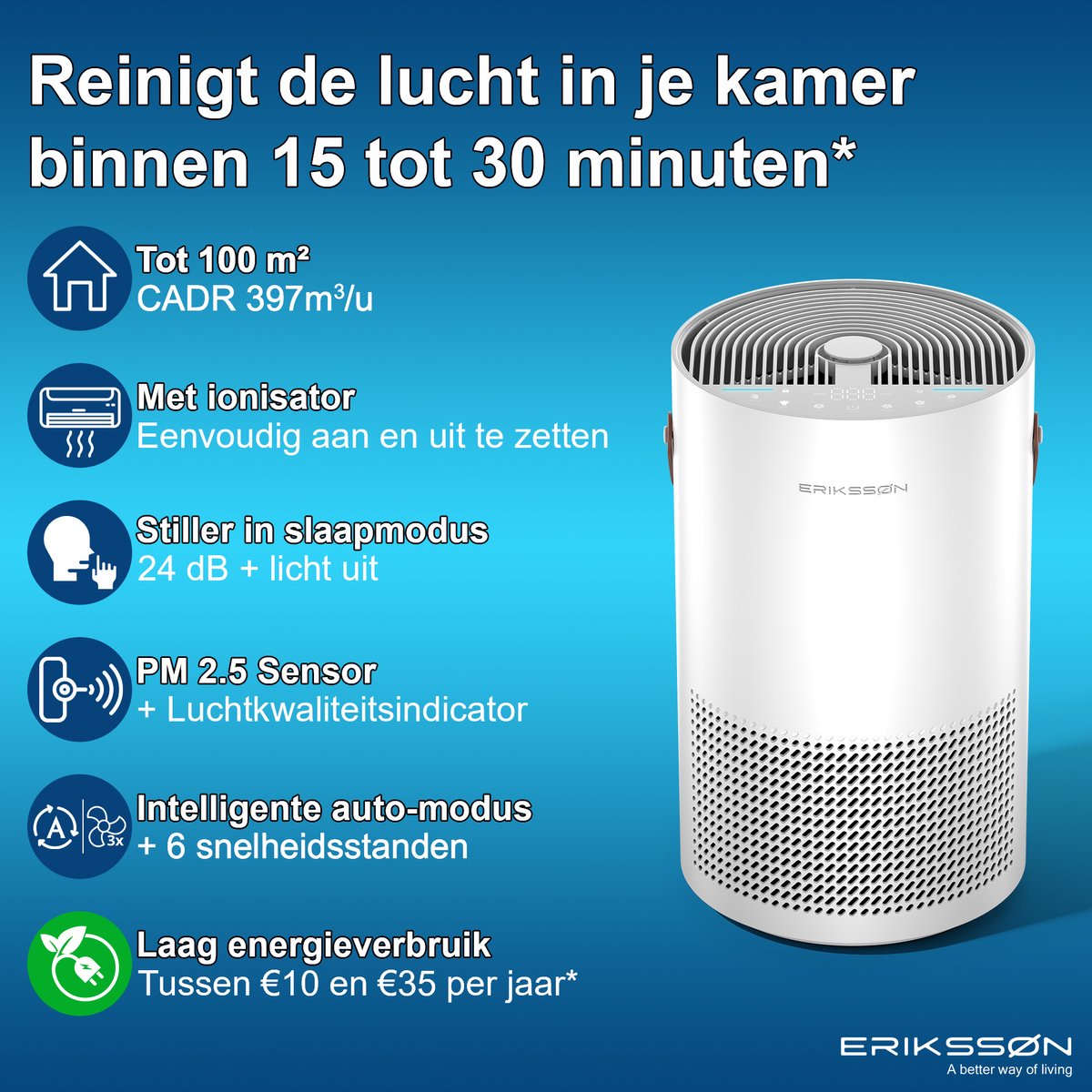 Erikssøn Air Pure Pro luchtreiniger met HEPA 14 en ionisator thumbnail 2