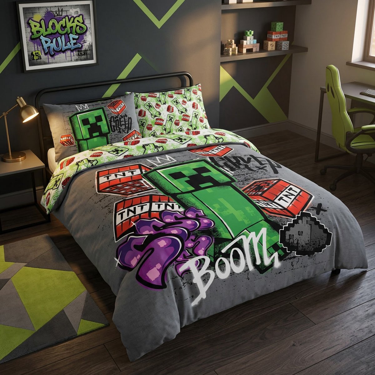 Minecraft Dekbedovertrek Boom - Lits Jumeaux - 240 x 220 + 2x 63 x 63 cm - Polyester