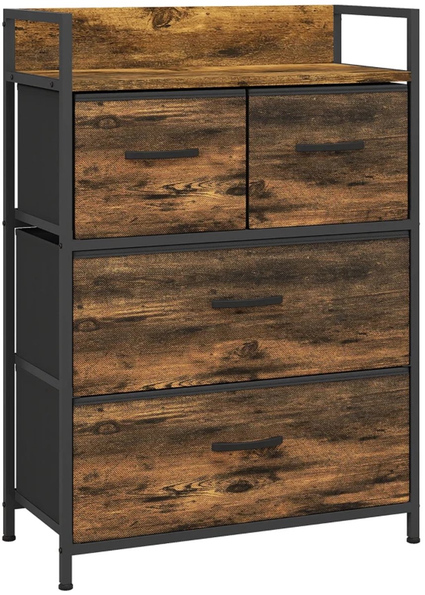 Dressoir - Ladekast Met 4 Stoffen Lades - Industrieel Design - 60 x 29 x 85 cm - Bruin/Zwart