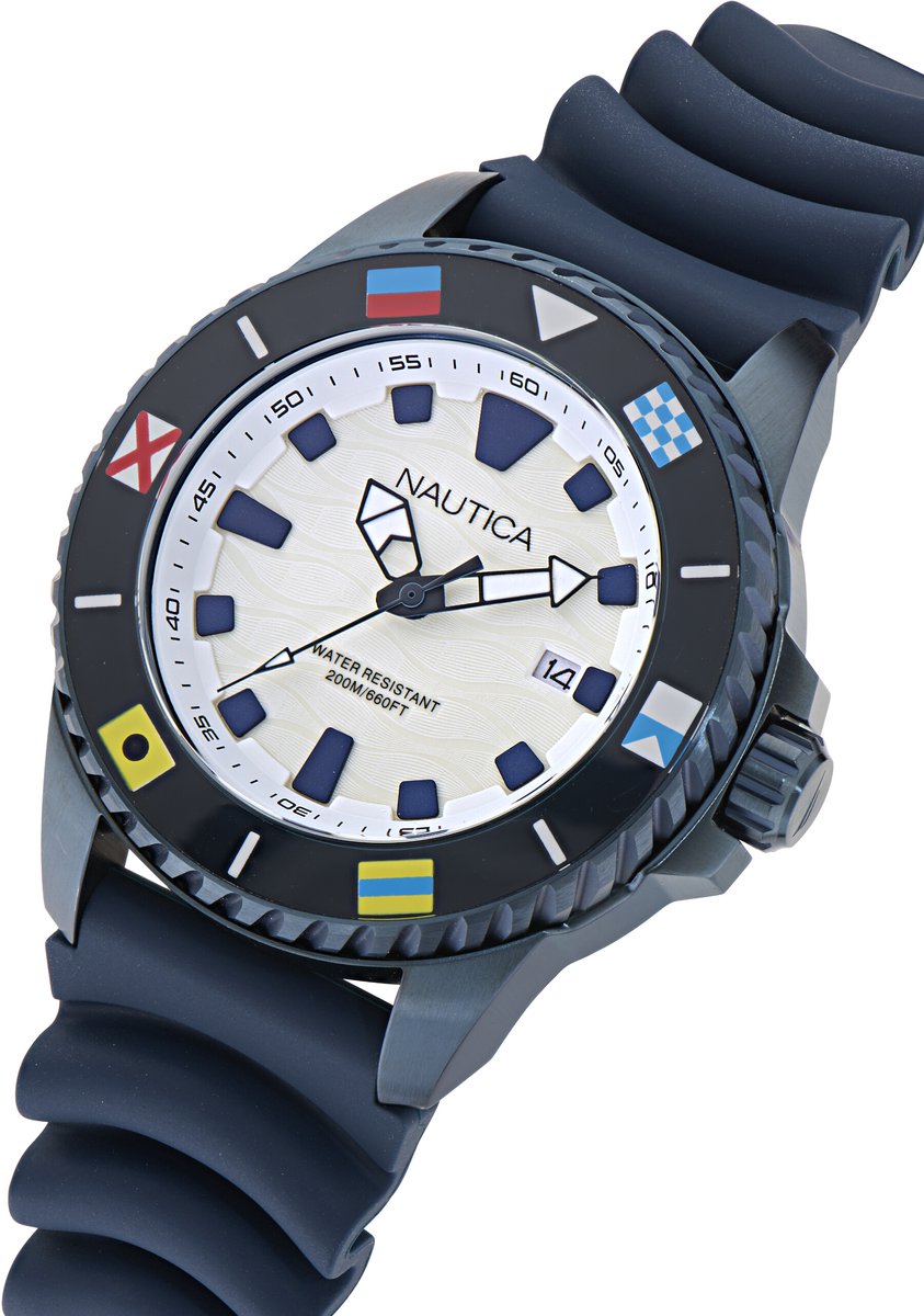 Nautica Nct Sea Dive Quartz Analoog Horloge Blauw Kast Gemaakt Van 100% Roestvrij Staal En Een Bandje Van 100% Siliconen 47 NAPSDS601, NAPSDS602