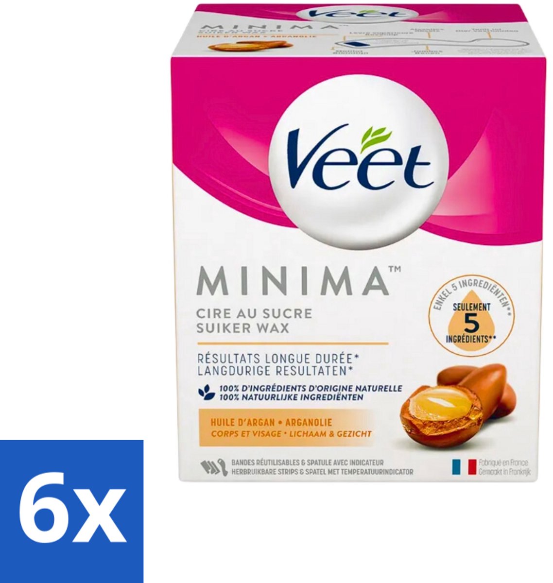 6 x Veet - Warme Wax - Orientaalse Ontharings Wax - Minima - Arganolie - 250ml - Suiker Wax - Ontharing - Gladde Huid - Arganolie - Natuurlijke Ingrediënten