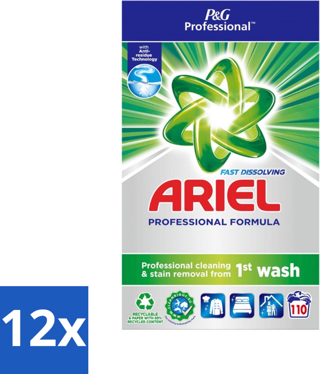 12 x Ariel Actilift - Waspoeder en Vlekverwijderaar - Witte en Lichtgekleurde Was - 110 Wasbeurten - Waspoeder - Vlekkenverwijderaar - Witte Was - Lichtgekleurde Was - Ariel Actilift