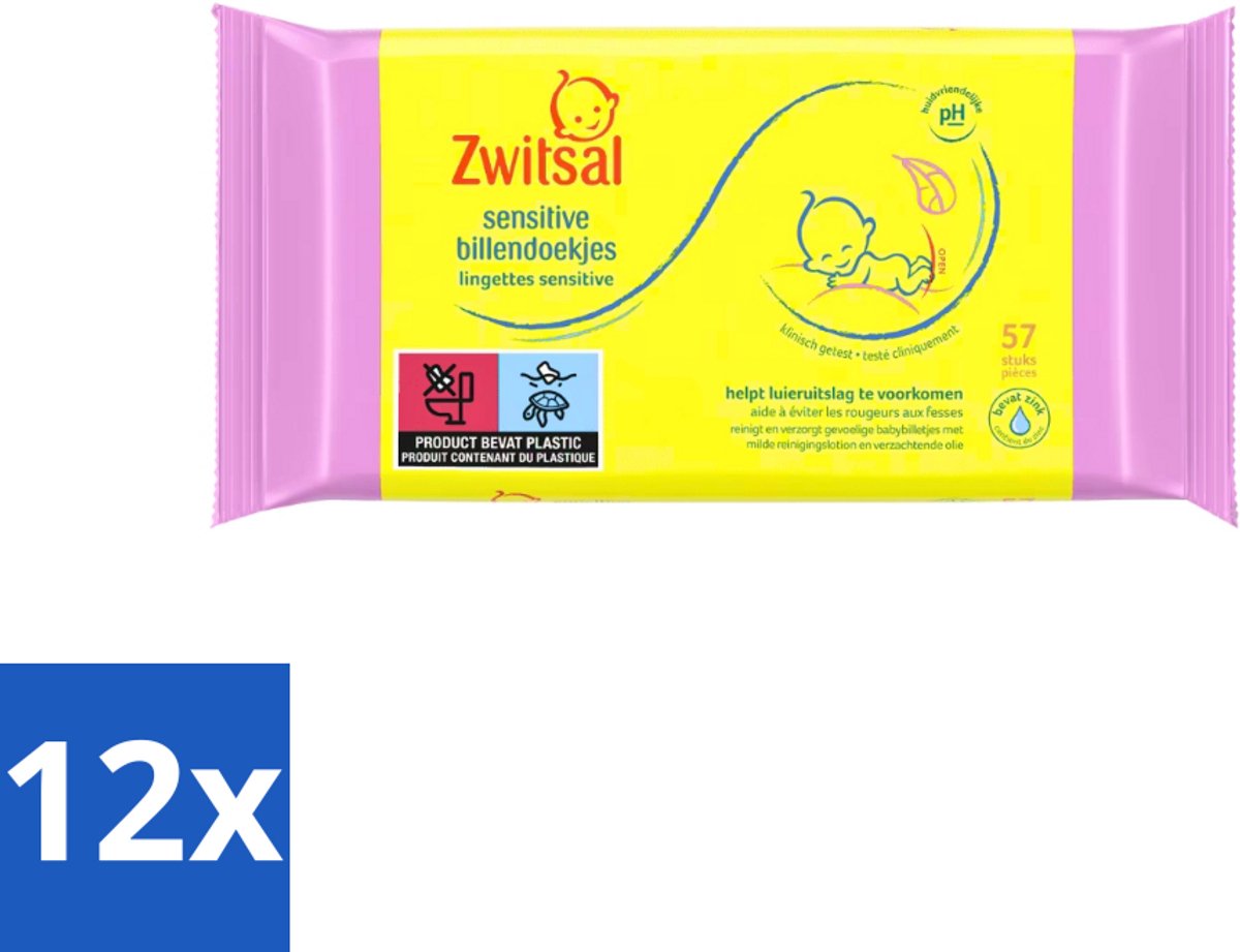 Zwitsal - Babyverzorging - Billendoekjes Sensitive - Voor de Gevoelige Babyhuid - 57 Doekjes - Voordeelverpakking - 12 stuks