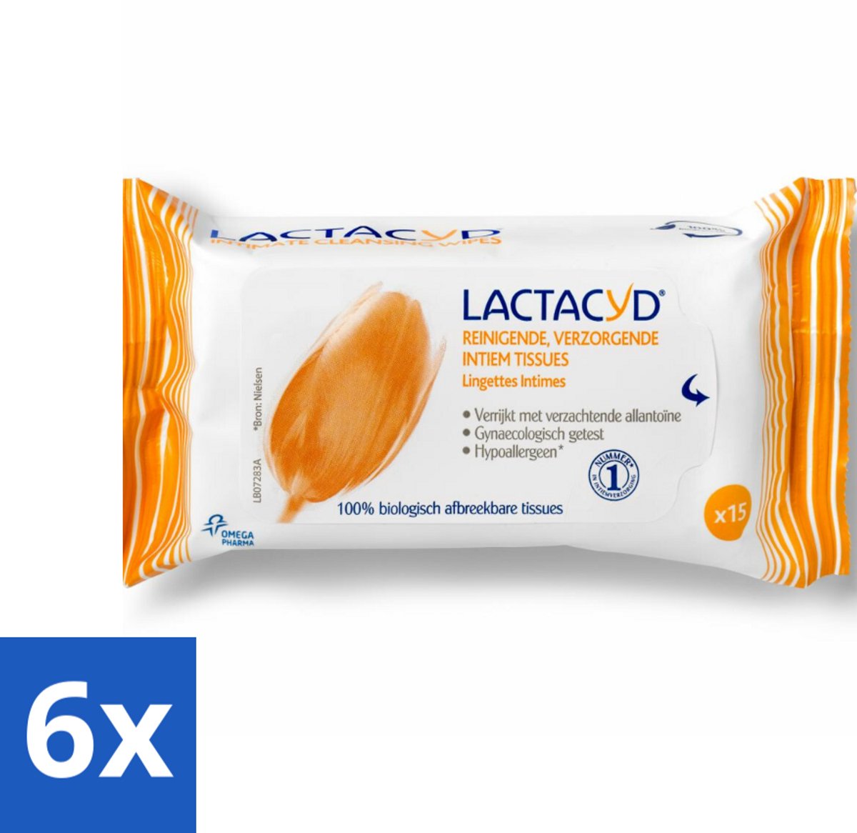 6 x Lactacyd Tissues Verzorgend 15 stuks per verpakking - Intieme Doekjes - Intieme Reiniging - Biologisch Afbreekbaar - Allantoïne - Melkzuur