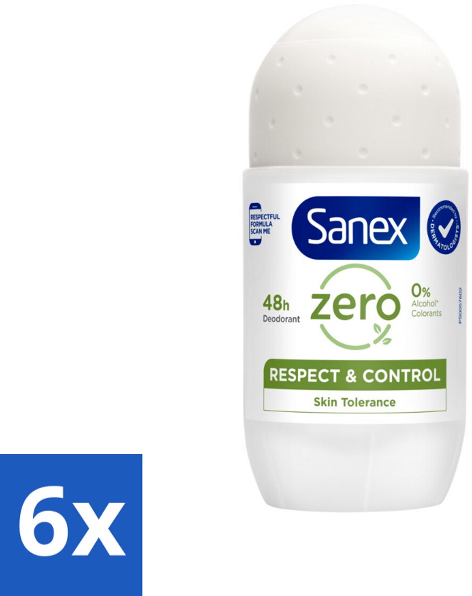 6 x Sanex Deodorant Roller Zero% Normal Skin 50 ml - 24 Uur Deodorant - Aluminiumvrije Deodorant - Alcoholvrije Deodorant - Deodorant Voor Gevoelige Huid - Sanex Deodorant