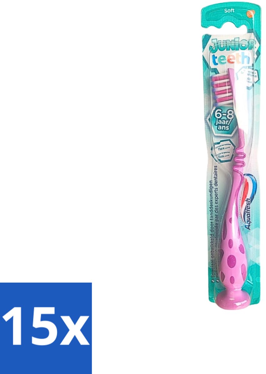 Aquafresh - Junior Teeth Tandenborstel - 6-8 Jaar - Cool Ontwerp - 1 Stuk - Bulkverpakking - 15 stuks