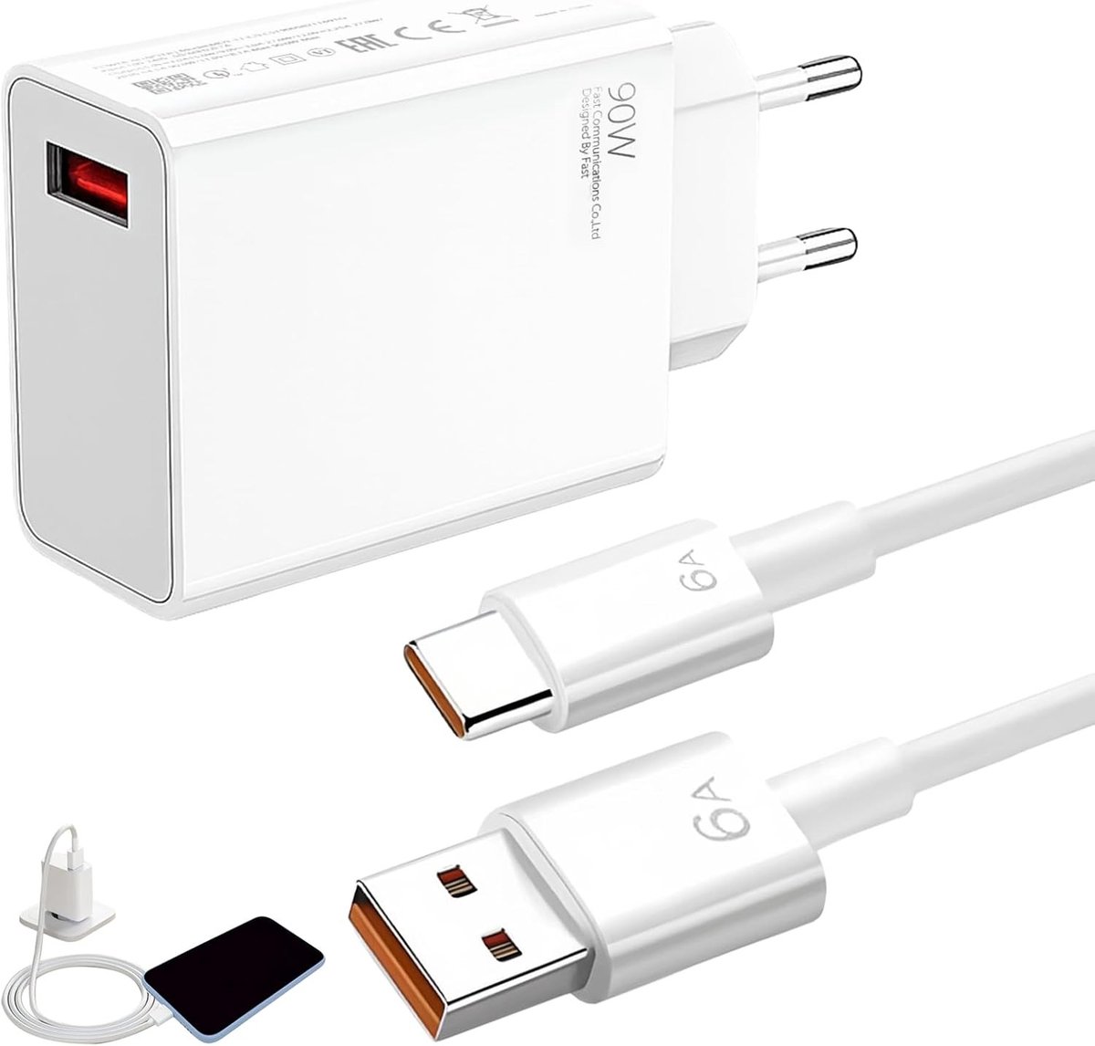 Krachtige 90W USB C Snellader met 6A Type C Kabel van 1 meter voor Smartphones en Tablets