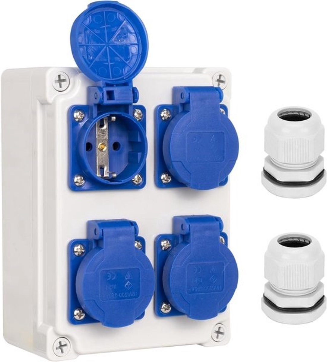 IP54 Wandcontactdoos met 4x230V Schuko Aansluitingen, IP67 Verdeelkast voor Werkplaats, Garage en Oprit