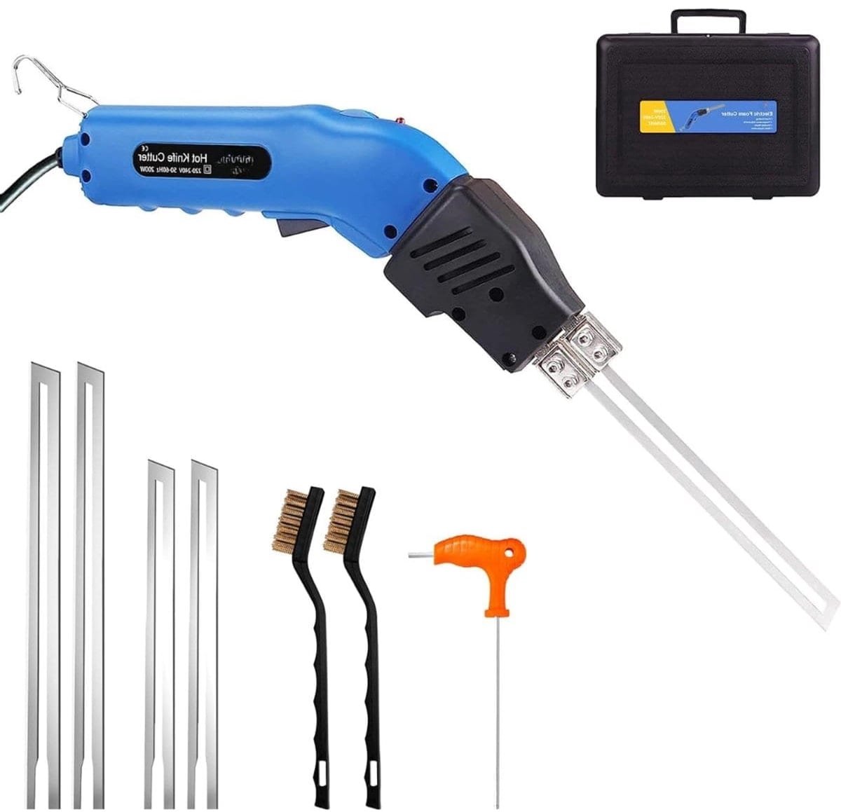 Klarven® Piepschuimsnijder Blauw - Elektrisch - 200 W Vermogen, Instelbare Temperatuur tot 600°C, Inclusief 4 Messen en 2 Messing Borstels - Draagbaar