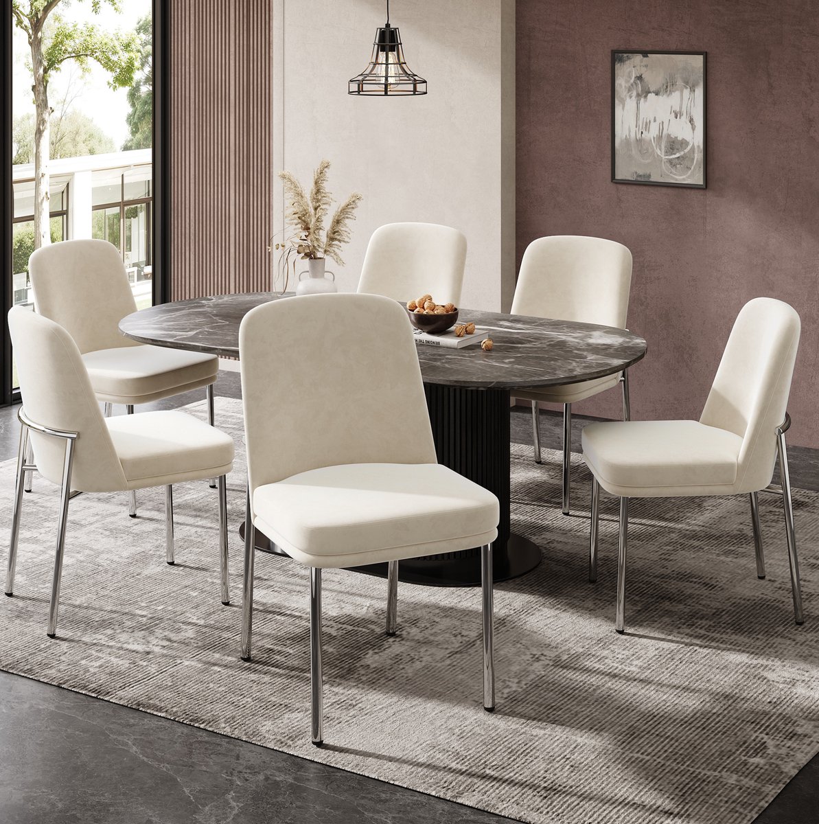 Wishdor Eetkamerstoel - 6 stuks met dikke zitting - Modern minimalistisch - Beige velvet met metalen frame - Volwassenen eetkamer woonkamer - 42,5 x 53 x 82 cm