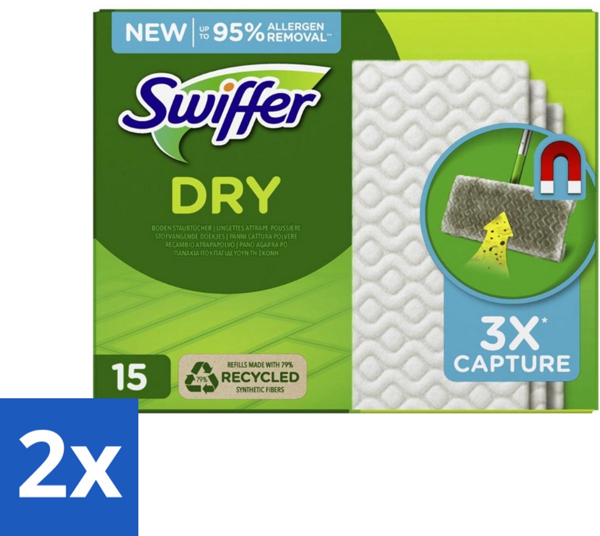Swiffer Dry - Vloerdoekjes - Navulling - Gerecyclede Fibers - 15 Doekjes - Voordeelverpakking - 2 stuks