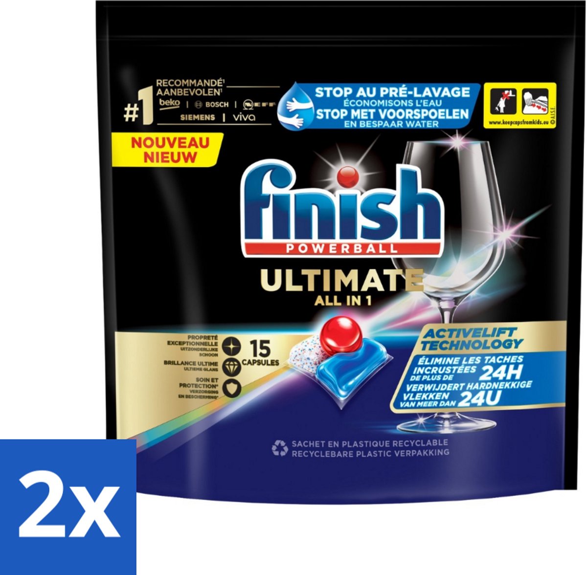 2 x Finish Powerball - Ultimate All in 1 - Vaatwastabletten - Activelift - 15 Capsules - Vaatwastabletten - Vaatwassertabletten - Finish Quantum - Activelift - Glans