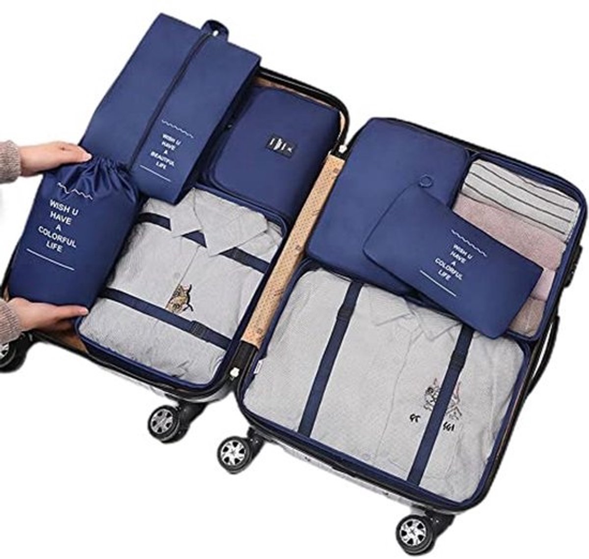 Reisbagage organizer set met 8 opbergzakken en toilettas in verschillende formaten