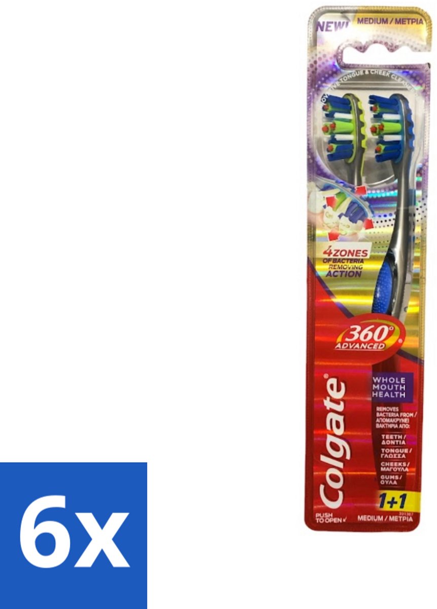 Colgate - 360° Geavanceerd - Tandenborstel - Medium - 2 Tandenborstels - Voordeelverpakking - 6 stuks