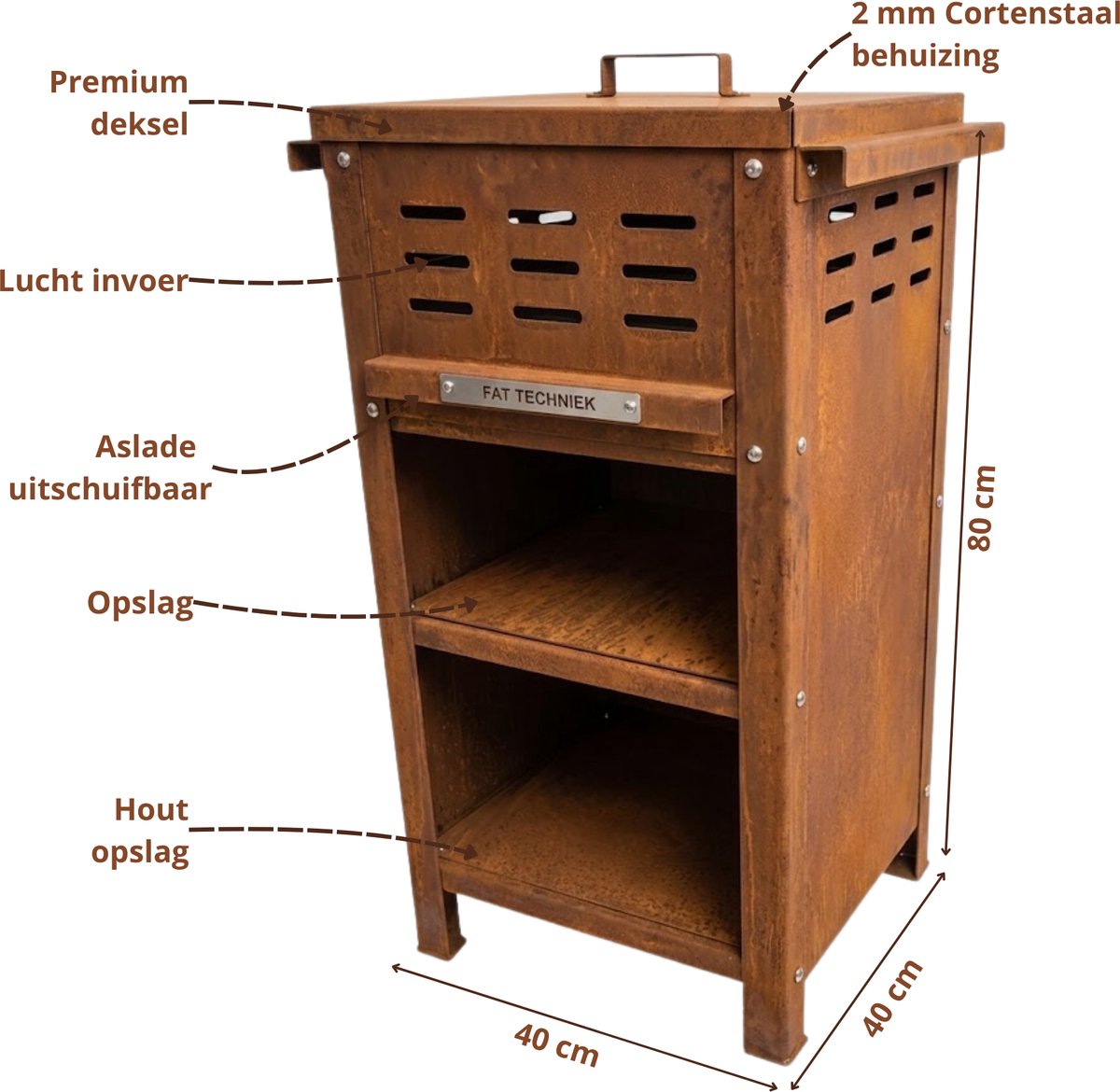 FAF Techniek FAF Tower - Buitenkeuken en Vuurzuil - Cortenstaal - 40x40x80 cm