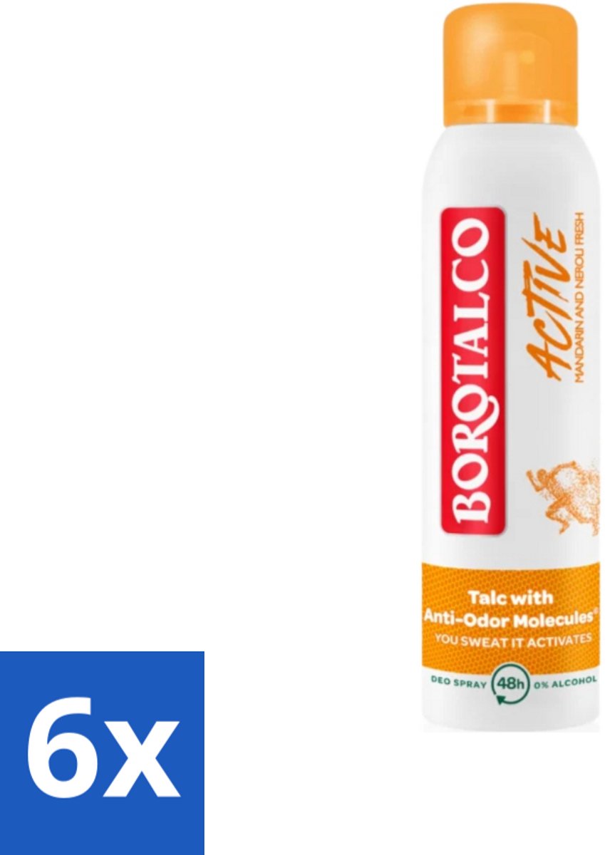 6 x Borotalco - Deodorant Spray - Active - Mandarin & Neroli Fresh - 0% Alcohol - 150 ml - Deodorant Spray - Antitranspirant - Mandarijn - Neroli - Frisse Geur