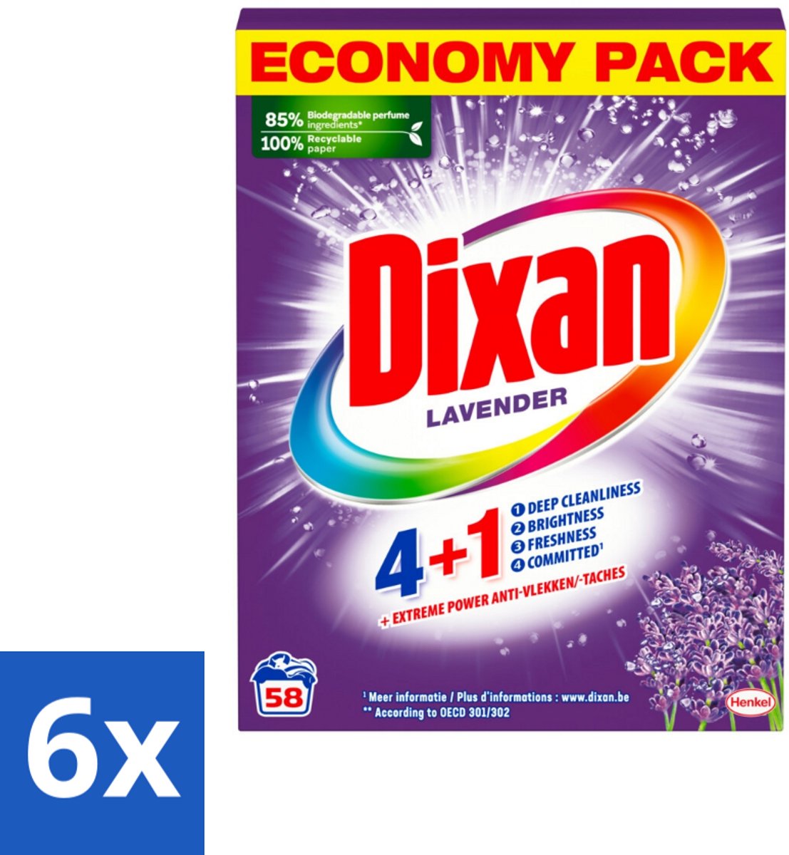 6 x Dixan - Waspoeder en Vlekverwijderaar - Witte en Gekleurde Was - Lavendel - 58 Wasbeurten - Waspoeder - Lavendelgeur - Vlekkenverwijderaar - Witte Was - Lichtgekleurde Was