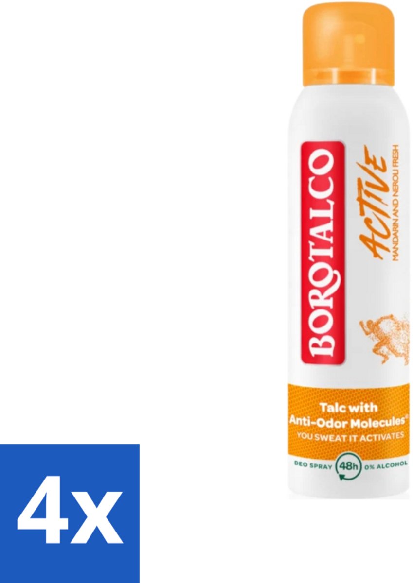 4 x Borotalco - Deodorant Spray - Active - Mandarin & Neroli Fresh - 0% Alcohol - 150 ml - Deodorant Spray - Antitranspirant - Mandarijn - Neroli - Frisse Geur
