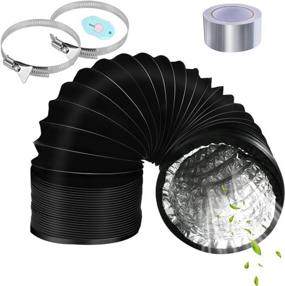 Flexibele afzuigslang 125 mm x 2 m zwart - Met slangklemmen en aluminium tape