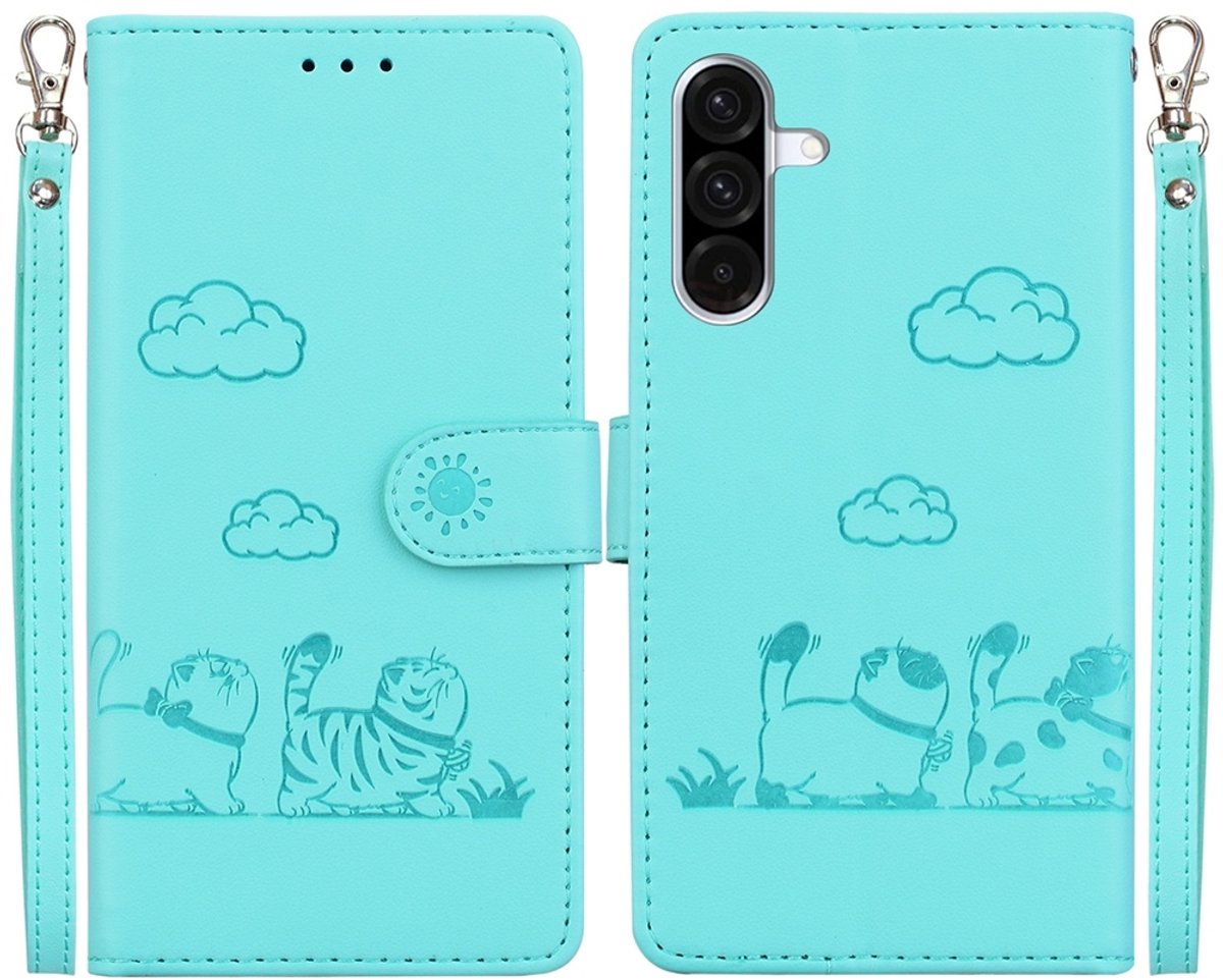 BookCover Hoes Etui geschikt voor Samsung Galaxy A27 - Cartoon Cats - Mint-Groen - Reliëf