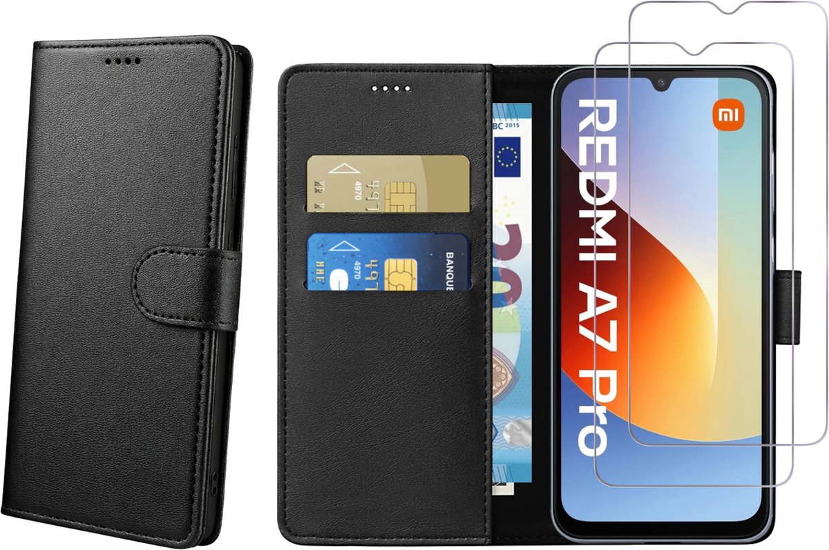 Hoesje Portemonnee geschikt voor Xiaomi Redmi A7 Pro 4G Zwarte portemonnee met magnetische klep en kaartopslag en 2 stuks Screenprotector Gehard Glas