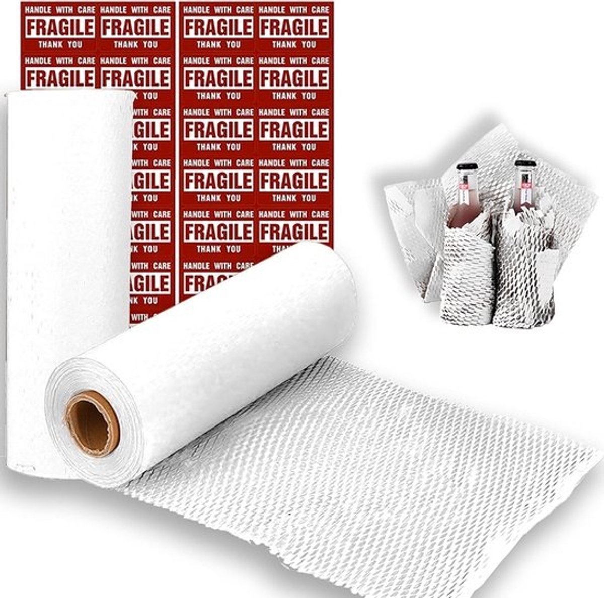 Duurzaam Witte Honingraat Inpakpapier 15"x131' – Alternatief voor Bubble Wrap met 20 Kwetsbare Stickers