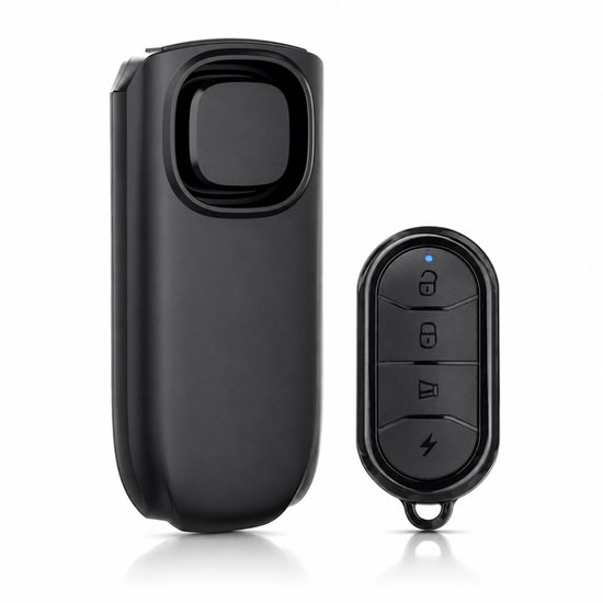 Zwart draadloos fatbike alarm met 3-knops afstandsbediening met vergrendel-, ontgrendel- en SOS-functie.