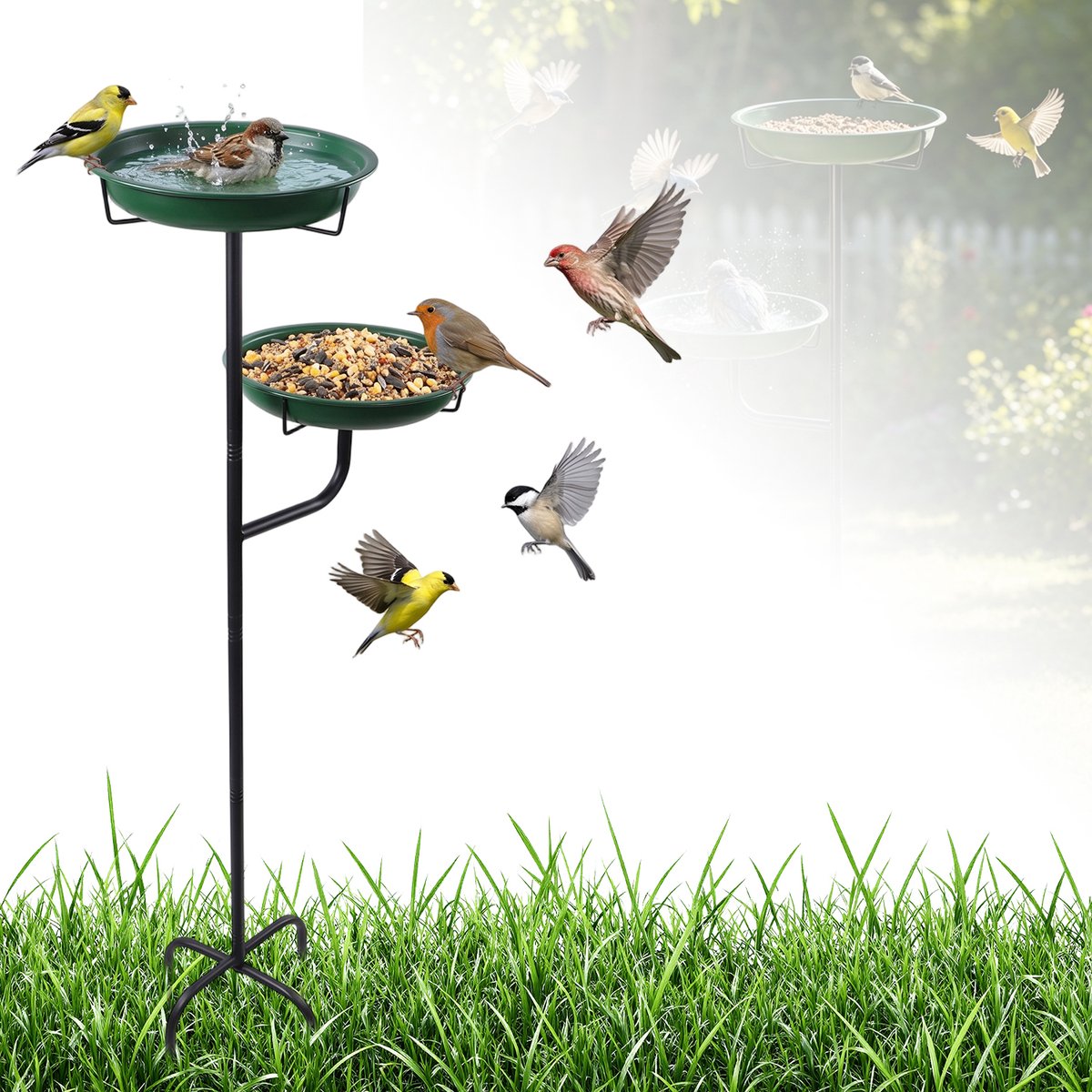 Vogeldrinkschaal voor Tuinvogels - Vogelbadjes - Vogelbad op Voet - Vogelvoeder - Dubbele Bak - Ijzer - Afneembare Kommen - 120 cm Hoog - Stabiele Voet - Tuindecoratie - Vogelbad - Voor Tuin Gazon en Terras