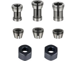 8-delige collet set voor router en graveermachine met 6 klemadapters en 2 moeren voor precisiewerk, geschikt voor diverse merken zoals Bosch en Dewalt